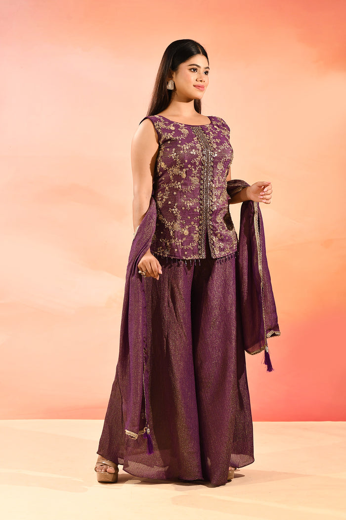 Royal Purple Floral Jaal Embroider Straight Cut Set