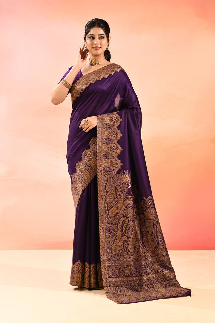 Royal Purple Kani Silk Saree With Floral Paisley Weave