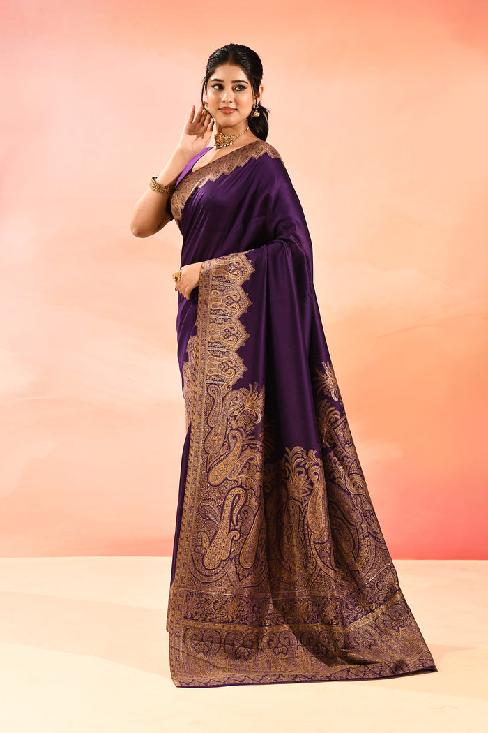 Royal Purple Kani Silk Saree With Floral Paisley Weave