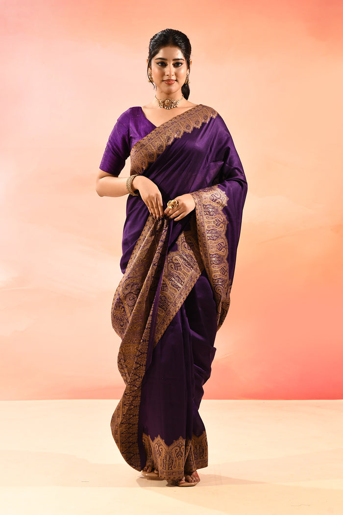 Royal Purple Kani Silk Saree With Floral Paisley Weave