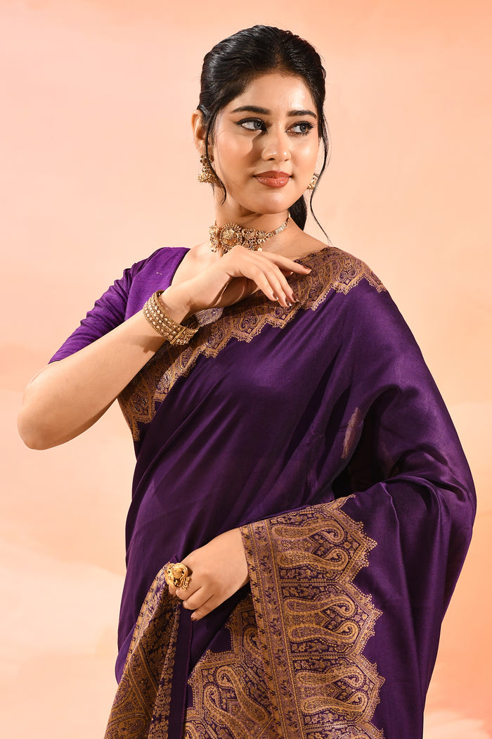 Royal Purple Kani Silk Saree With Floral Paisley Weave