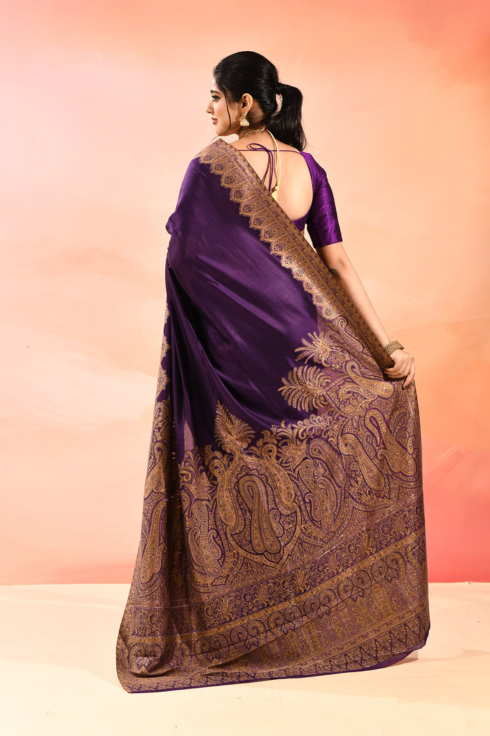 Royal Purple Kani Silk Saree With Floral Paisley Weave