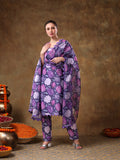 Royal Purple Rose Printed Georgette Salwar Set With Geometric Scallop Borders