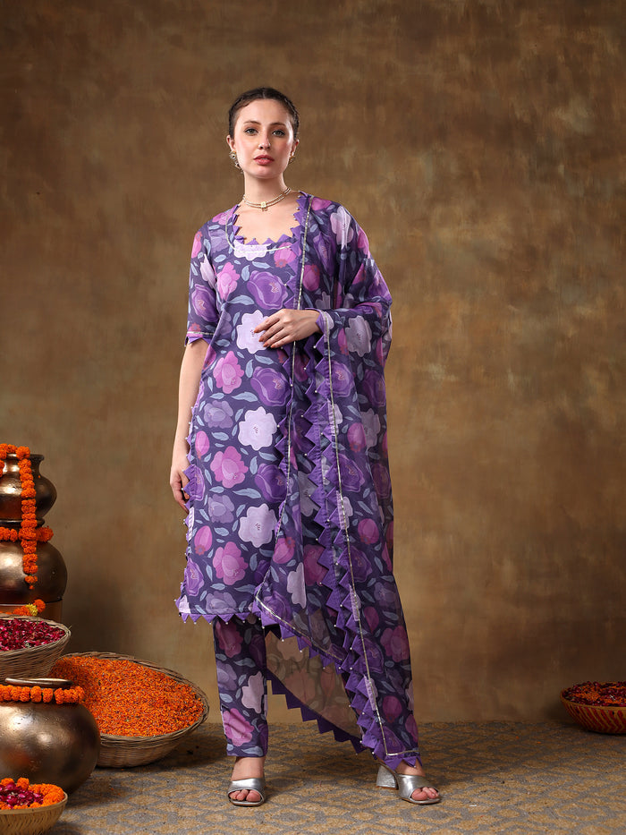 Royal Purple Rose Printed Georgette Salwar Set With Geometric Scallop Borders