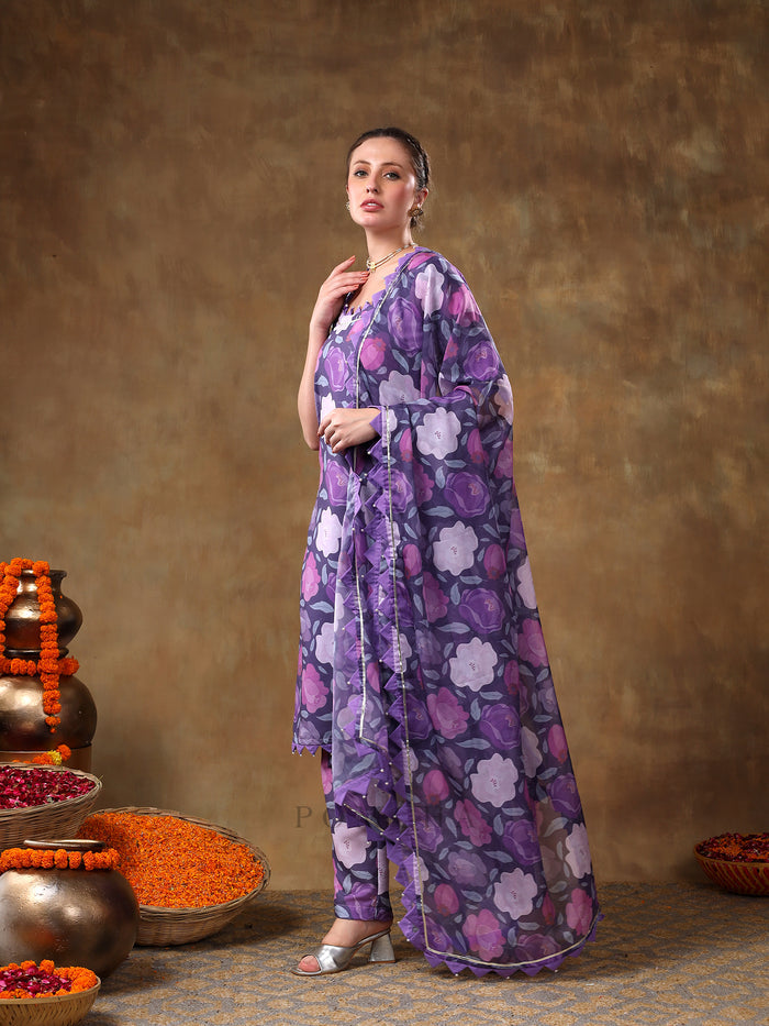 Royal Purple Rose Printed Georgette Salwar Set With Geometric Scallop Borders