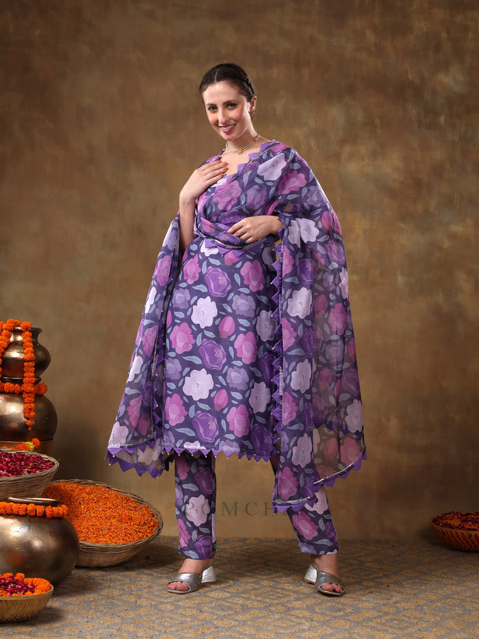 Royal Purple Rose Printed Georgette Salwar Set With Geometric Scallop Borders
