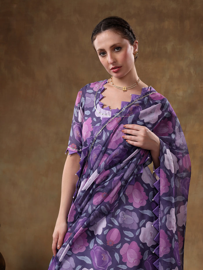 Royal Purple Rose Printed Georgette Salwar Set With Geometric Scallop Borders