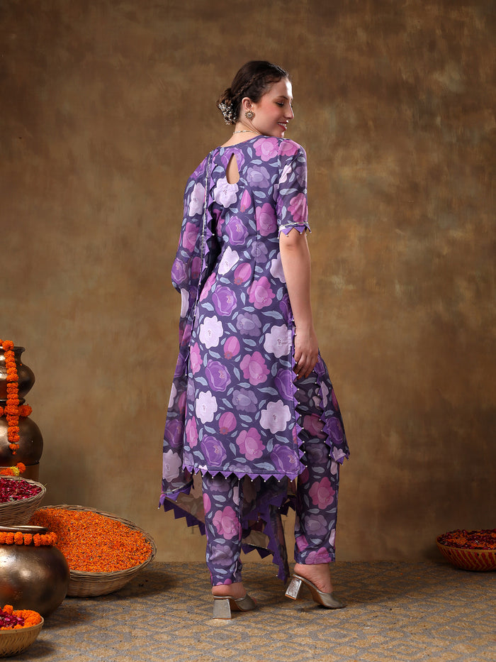 Royal Purple Rose Printed Georgette Salwar Set With Geometric Scallop Borders