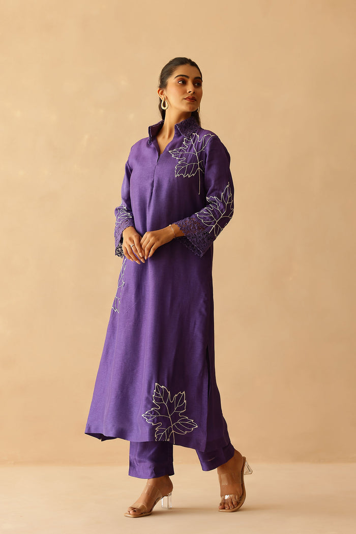 <img> Royal Purple Russian Silk Embroidered Kurti Set