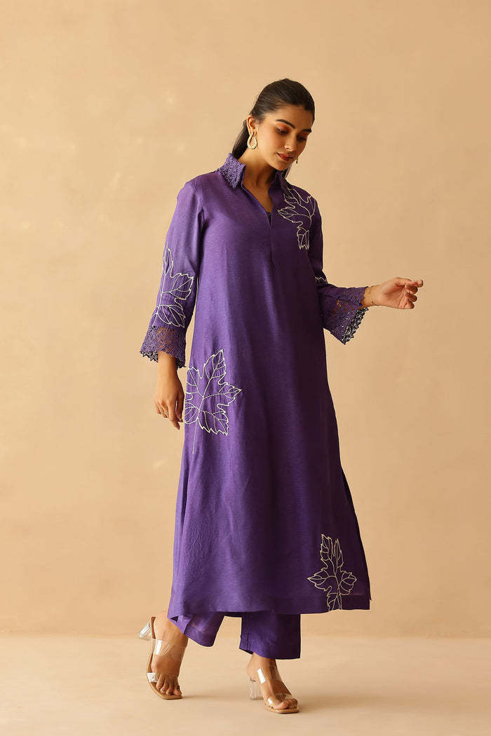 <img> Royal Purple Russian Silk Embroidered Kurti Set
