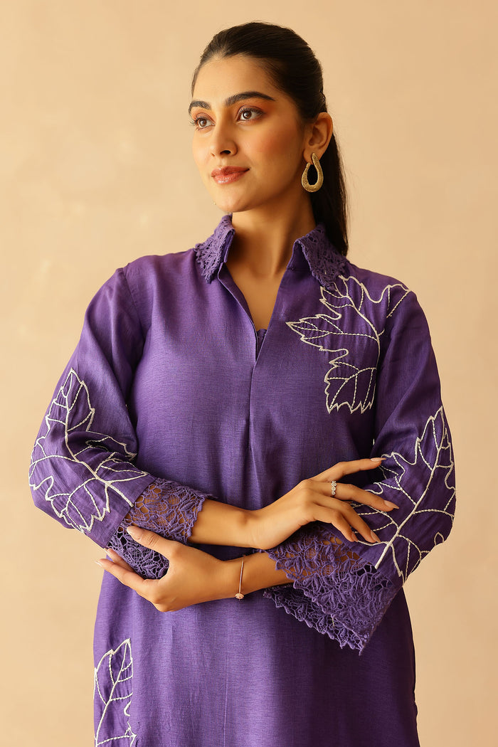 <img> Royal Purple Russian Silk Embroidered Kurti Set
