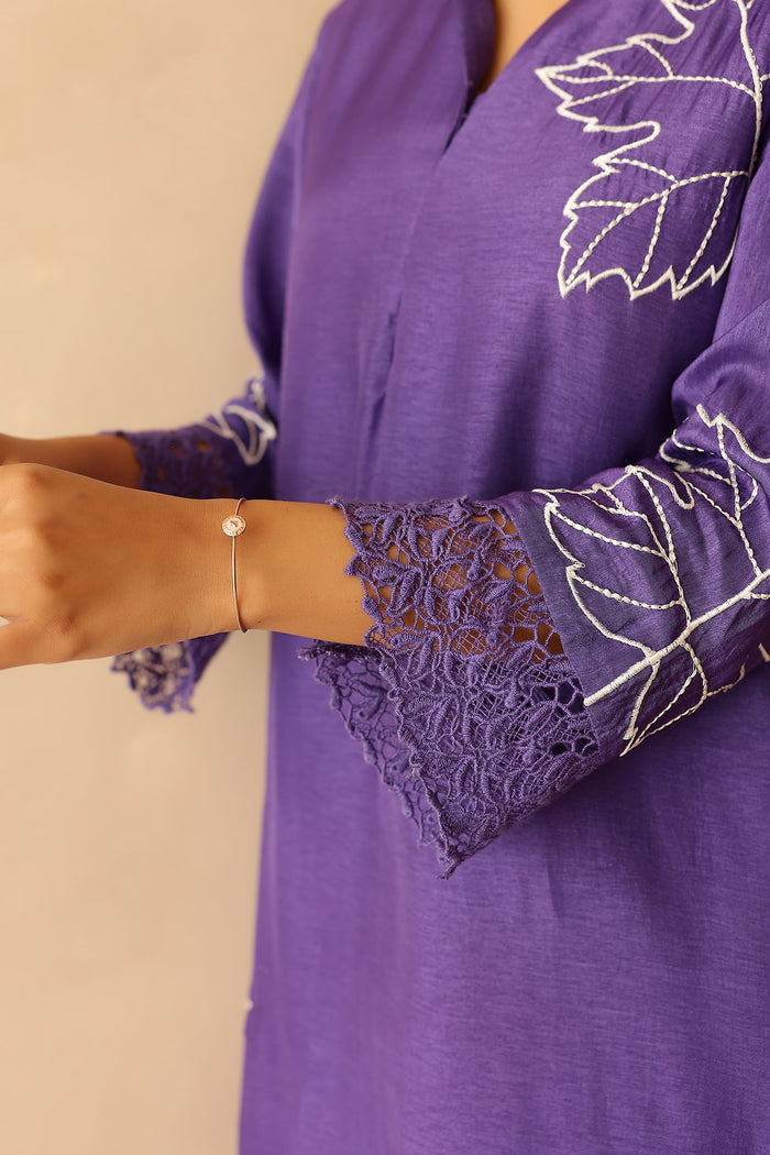 <img> Royal Purple Russian Silk Embroidered Kurti Set