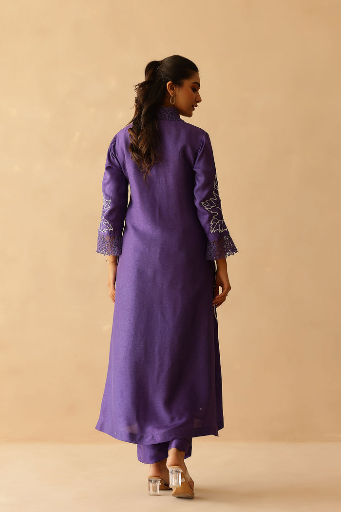 <img> Royal Purple Russian Silk Embroidered Kurti Set
