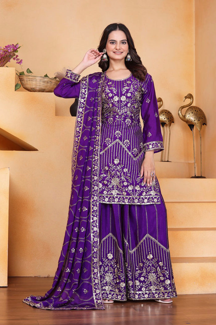 Royal Purple Silk Embroidered Sharara Set