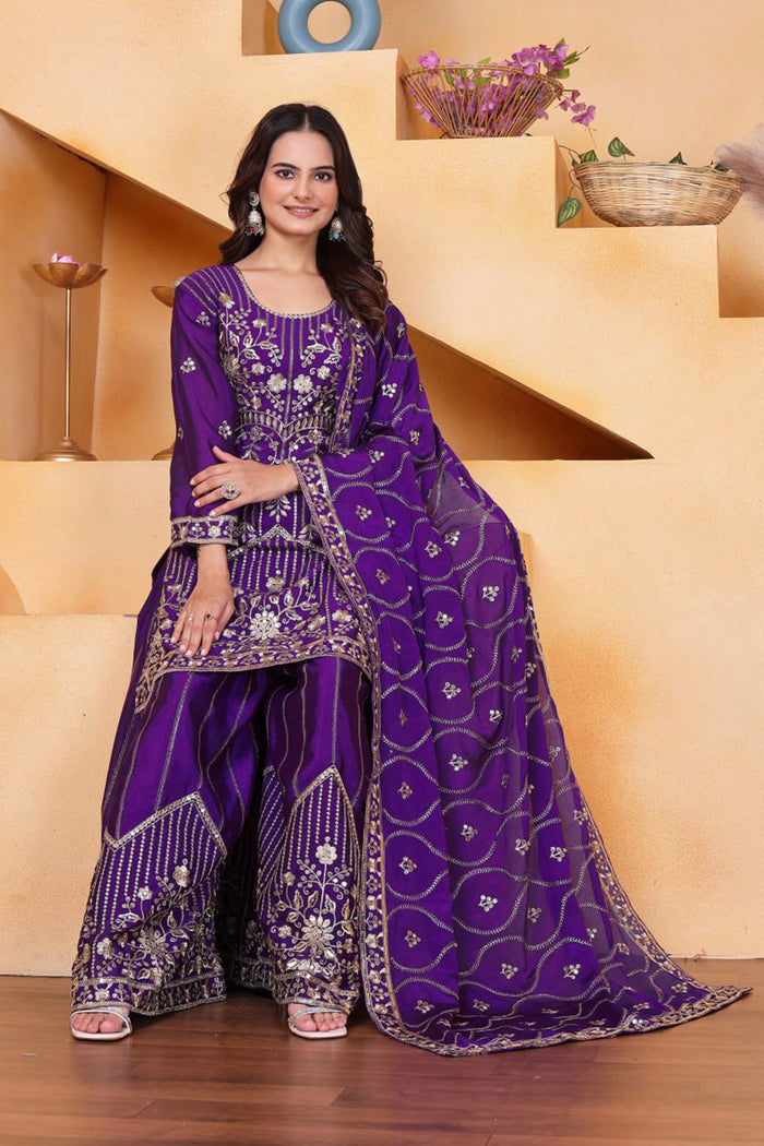 Royal Purple Silk Embroidered Sharara Set