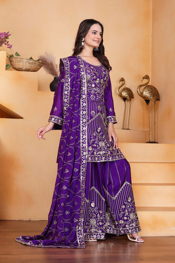 Royal Purple Silk Embroidered Sharara Set
