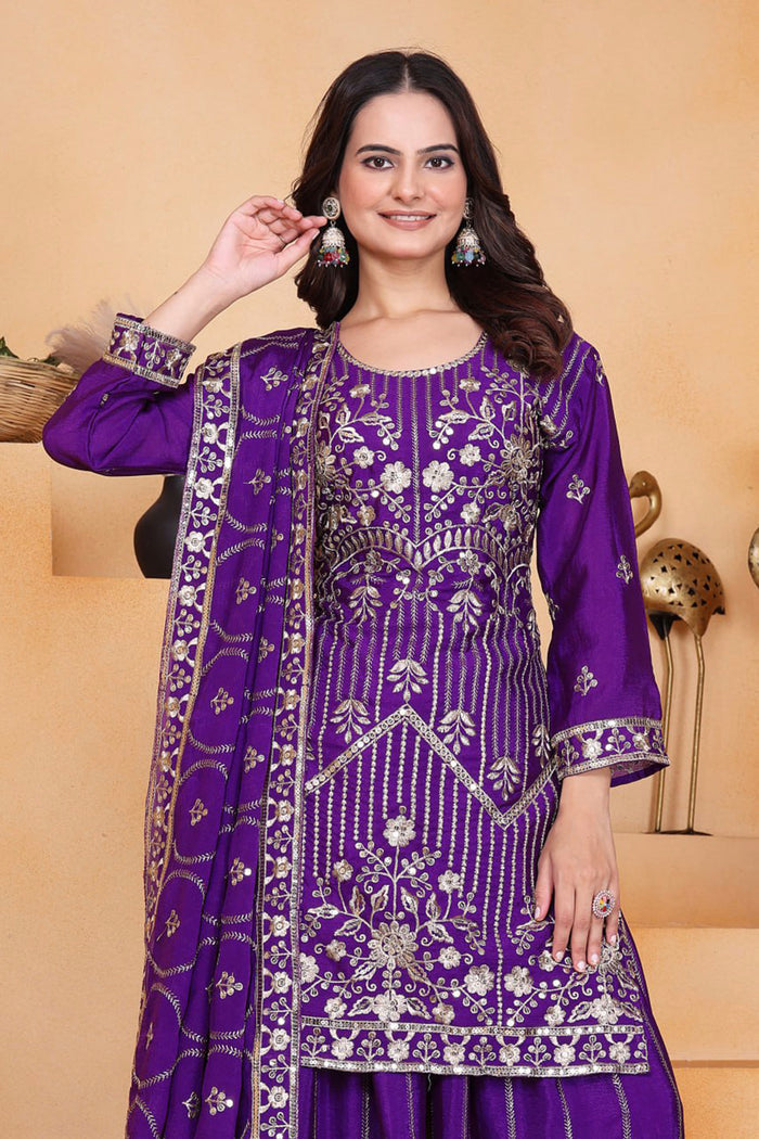 Royal Purple Silk Embroidered Sharara Set
