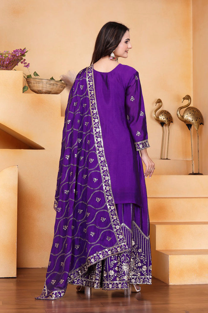 Royal Purple Silk Embroidered Sharara Set