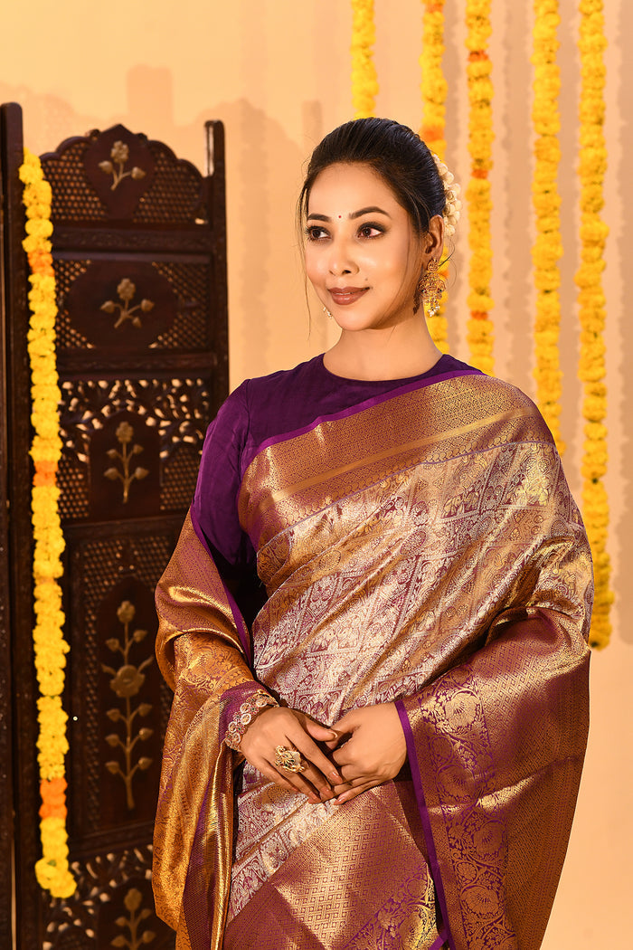 Royal Purple Tissue Checked Kanjivaram Saree