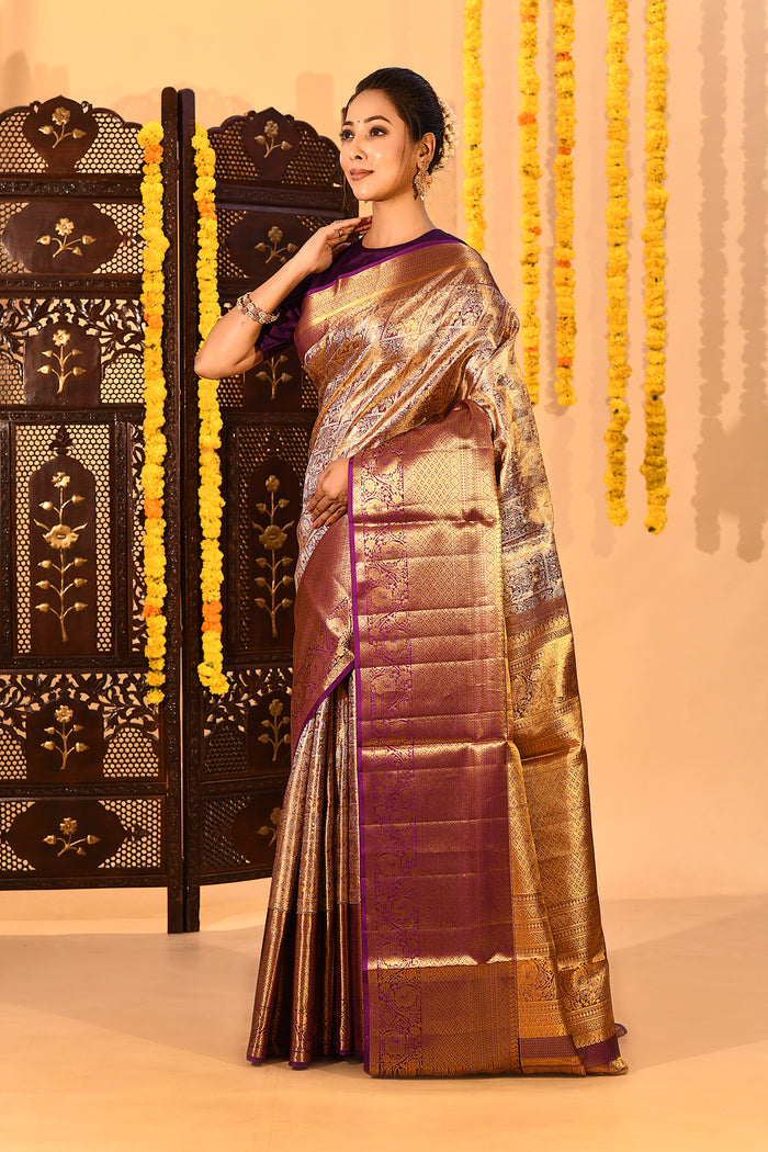 Royal Purple Tissue Checked Kanjivaram Saree