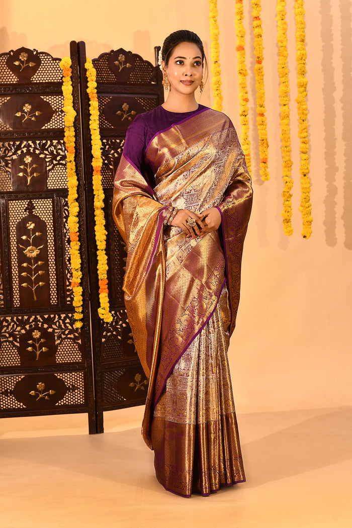 Royal Purple Tissue Checked Kanjivaram Saree