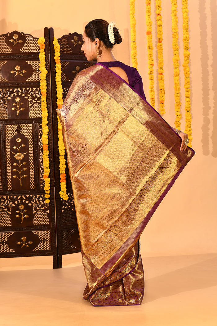 Royal Purple Tissue Checked Kanjivaram Saree
