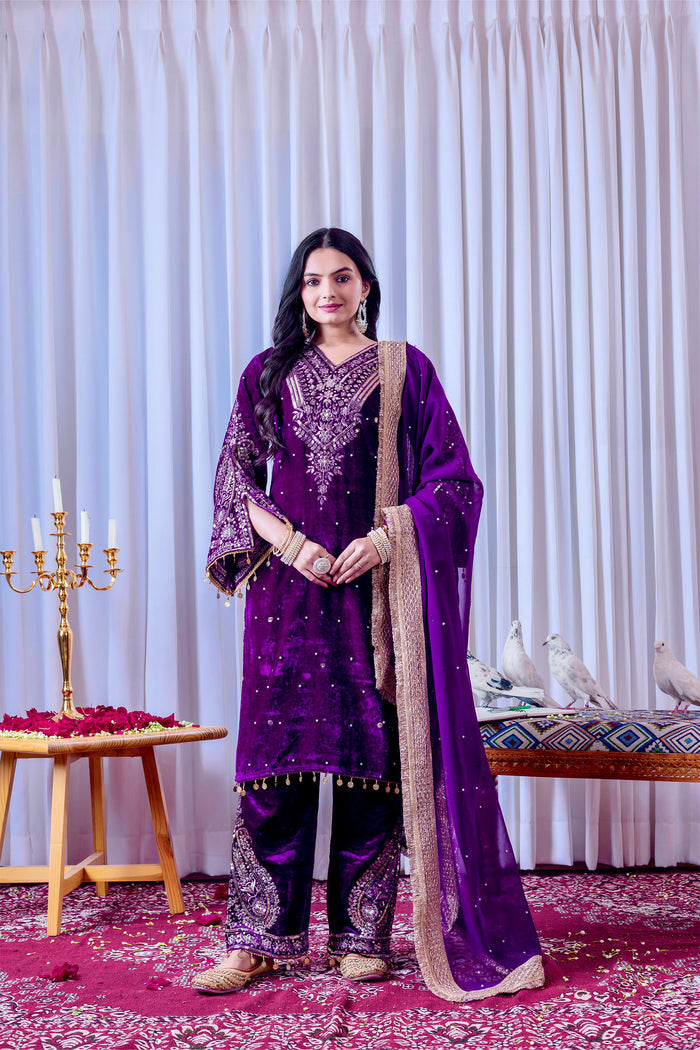Royal Purple Velvet Embroidered Kurti Set