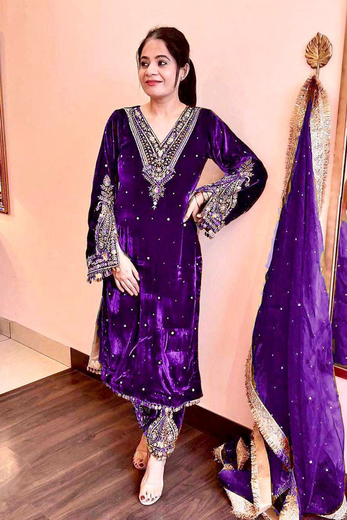 Royal Purple Velvet Embroidered Kurti Set
