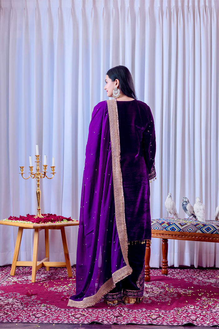 Royal Purple Velvet Embroidered Kurti Set