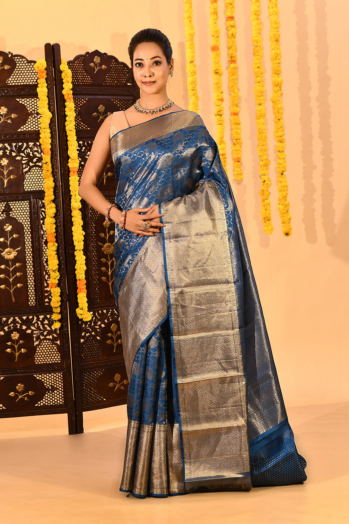 Royal Sapphire Silver Zari Kanjivaram Tissue Saree