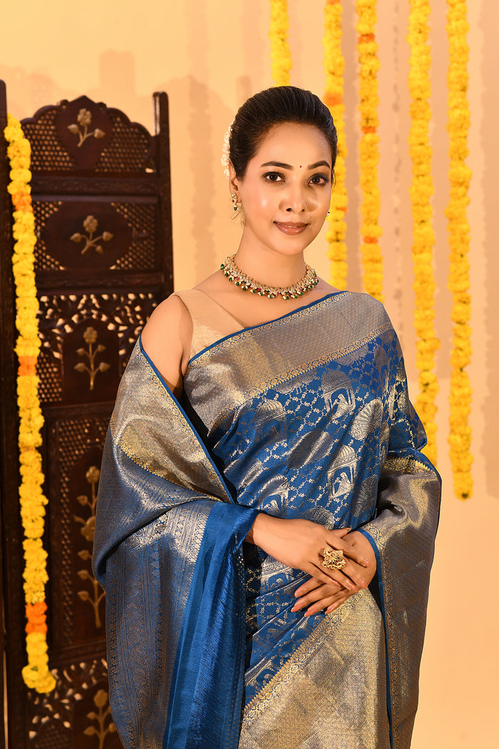 Royal Sapphire Silver Zari Kanjivaram Tissue Saree