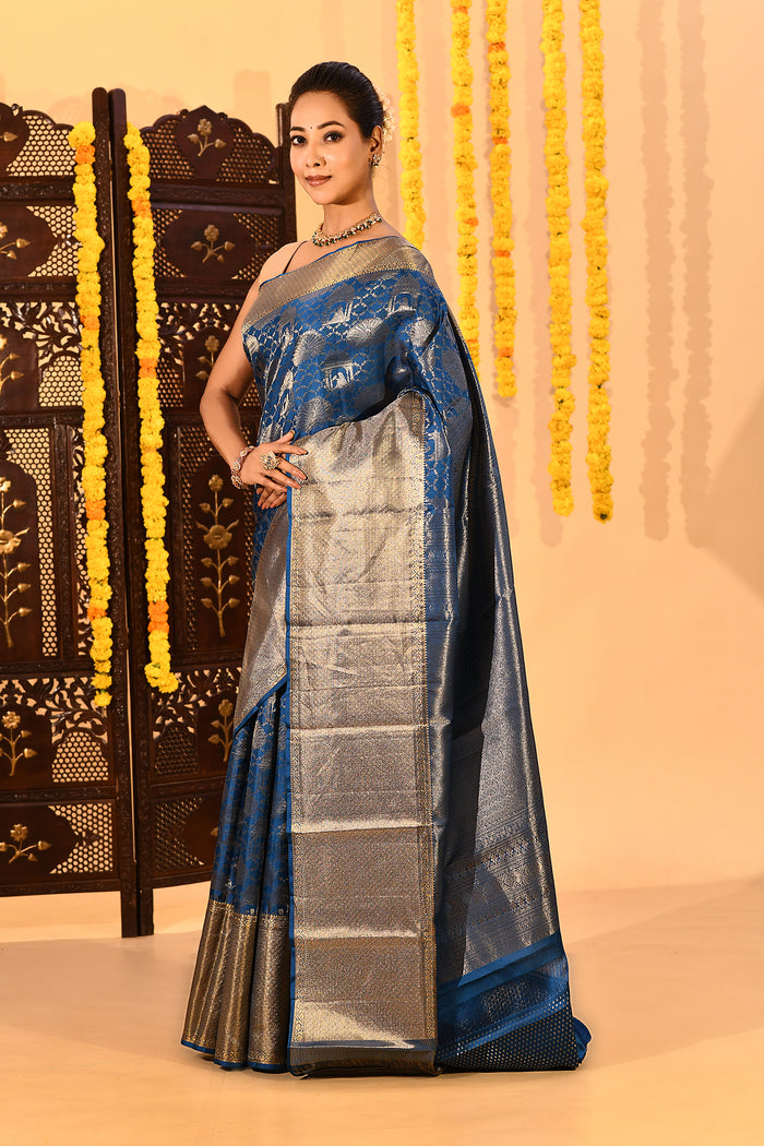 Royal Sapphire Silver Zari Kanjivaram Tissue Saree
