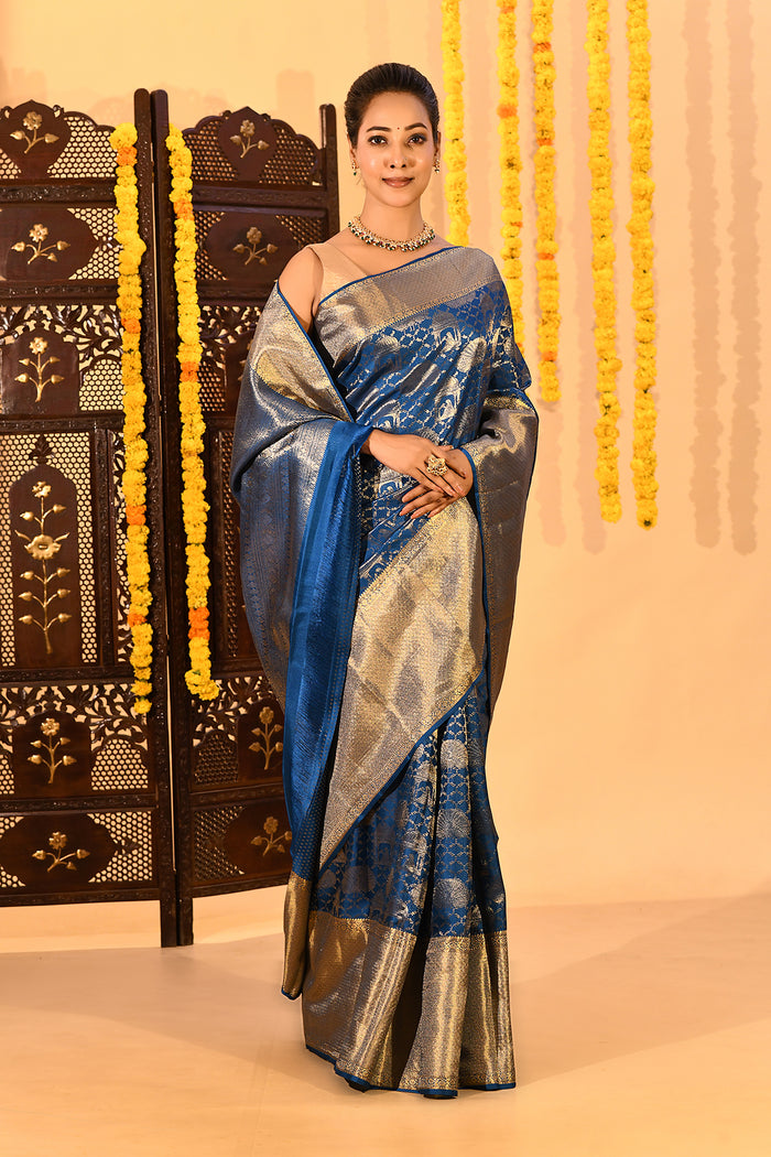 Royal Sapphire Silver Zari Kanjivaram Tissue Saree