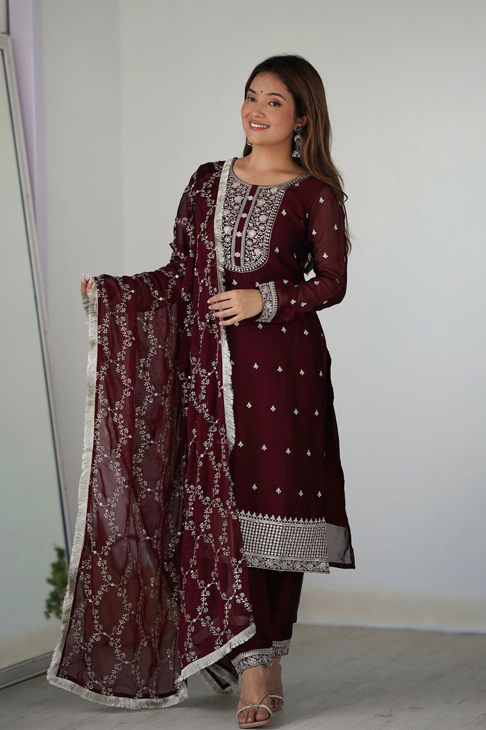 Royal Wine Silk Embroidered Kurta Set