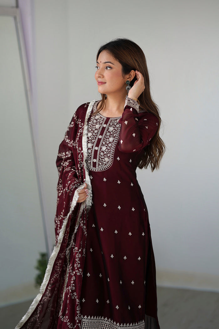 Royal Wine Silk Embroidered Kurta Set