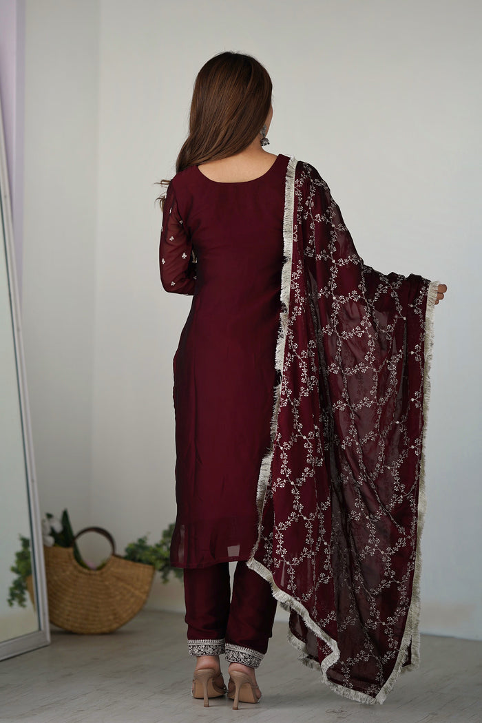 Royal Wine Silk Embroidered Kurta Set