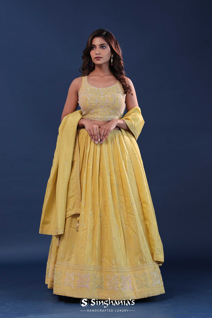 <img> Royal Yellow Tissue Organza Lehenga Set