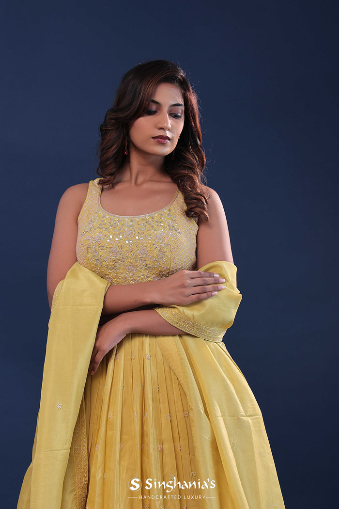 <img> Royal Yellow Tissue Organza Lehenga Set