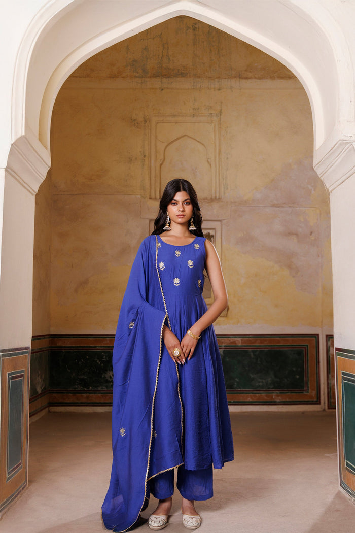 Royol Blue Chanderi Set With Aari Embroidery