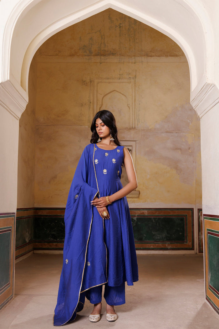 Royol Blue Chanderi Set With Aari Embroidery