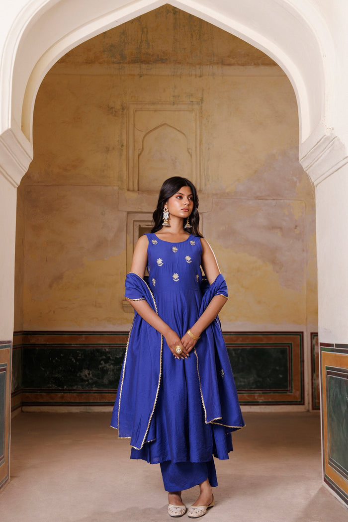 Royol Blue Chanderi Set With Aari Embroidery
