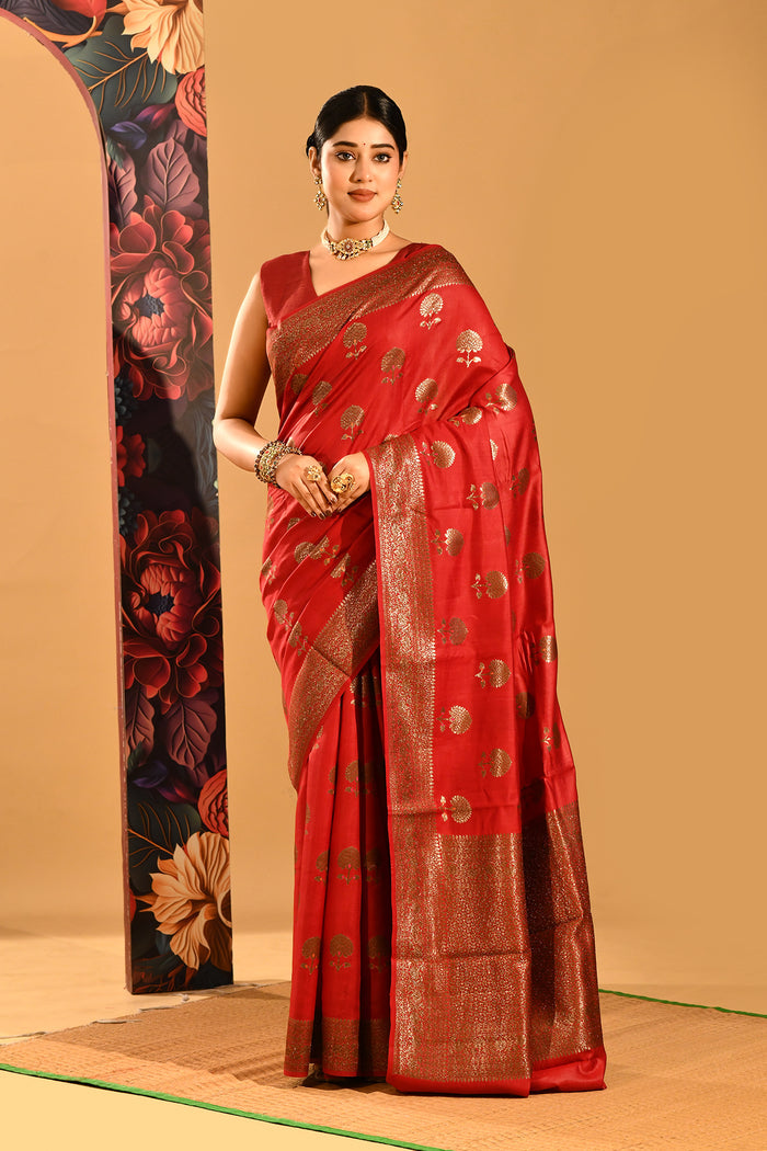 Ruby Red Floral Butta Banarasi Silk Saree