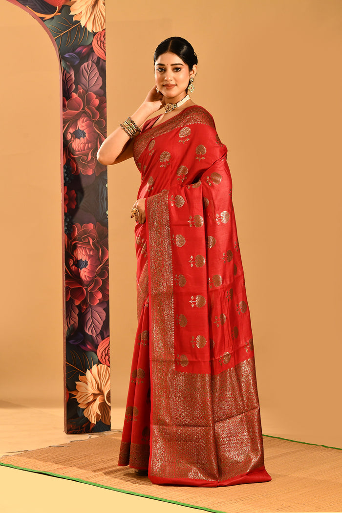 Ruby Red Floral Butta Banarasi Silk Saree