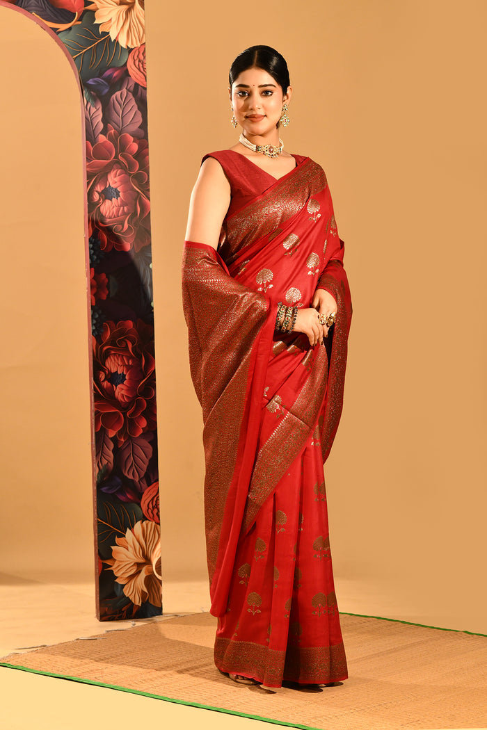 Ruby Red Floral Butta Banarasi Silk Saree