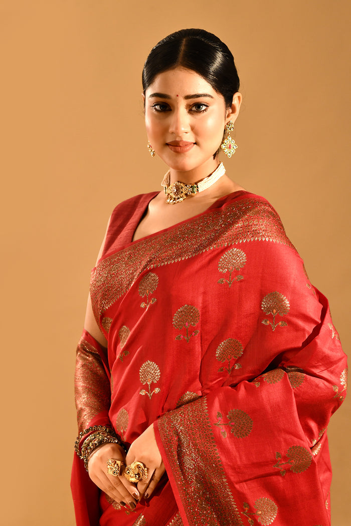 Ruby Red Floral Butta Banarasi Silk Saree