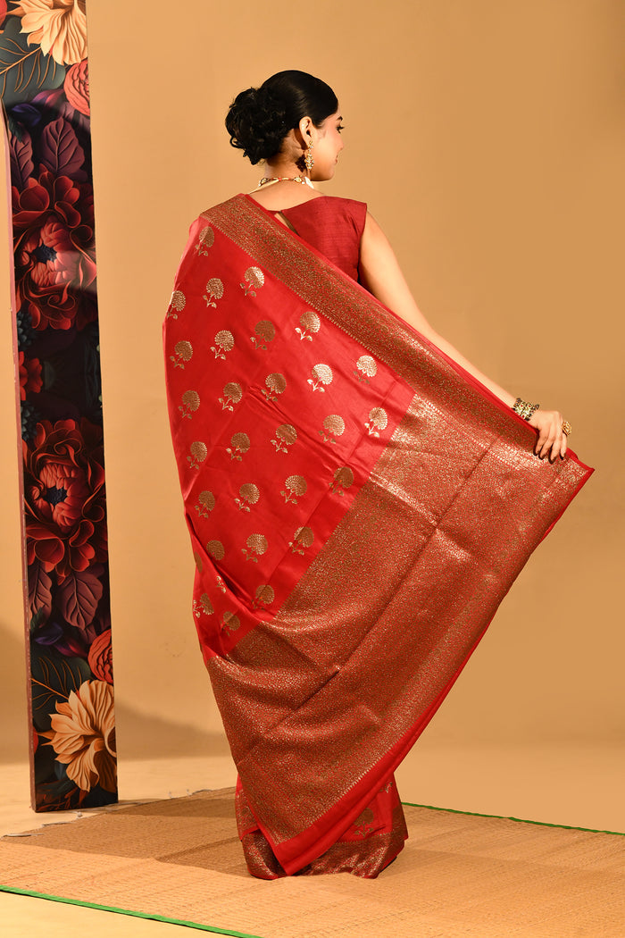 Ruby Red Floral Butta Banarasi Silk Saree
