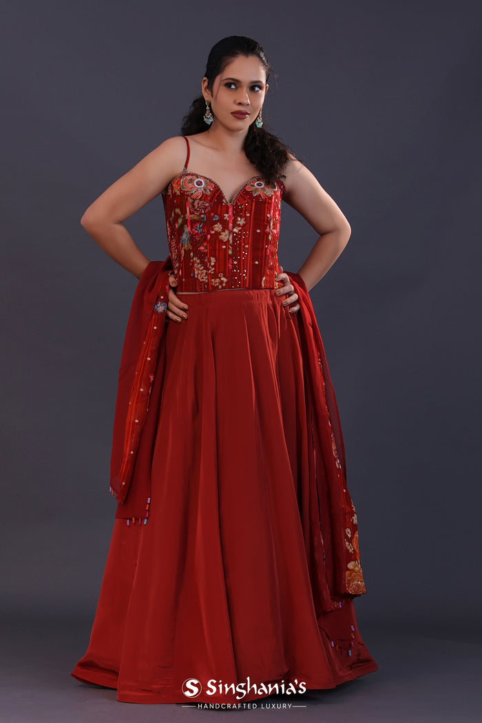 <img> Ruby Red Satin Crepe Floral Printed Lehenga Set