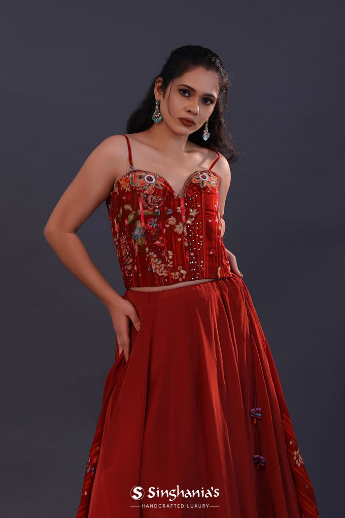 <img> Ruby Red Satin Crepe Floral Printed Lehenga Set