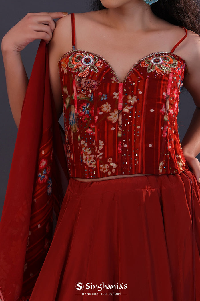 <img> Ruby Red Satin Crepe Floral Printed Lehenga Set