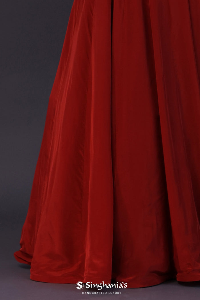 <img> Ruby Red Satin Crepe Floral Printed Lehenga Set